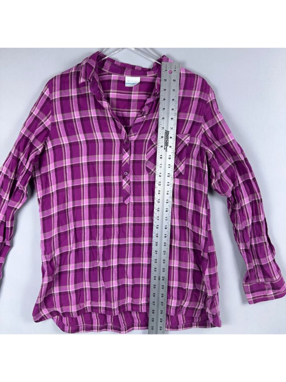 Columbia Plaid Button-Down Shirt Size XL Purple 100% Cotton Long Sleeve Chest Po - Picture 7 of 11